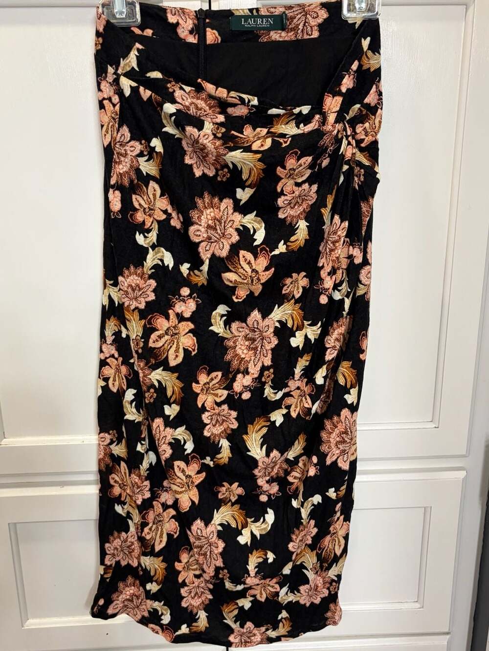 Lauren Ralph Lauren Floral Linen-Blend Gathered Faux-Wrap Midi Skirt Small